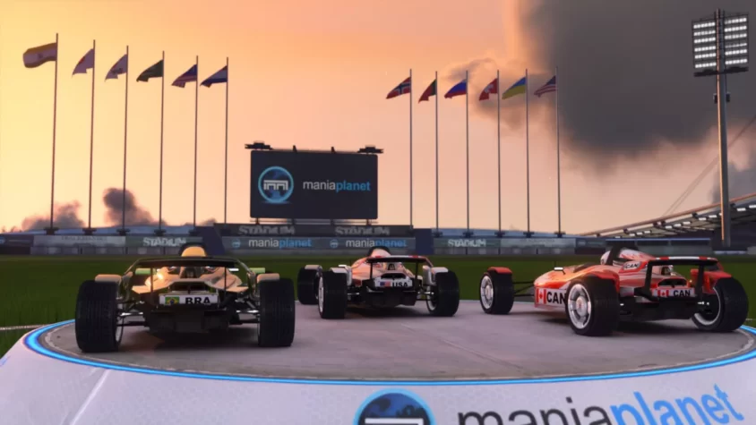 Гонщики на старте с флагами разных стран в TrackMania 2 Stadium