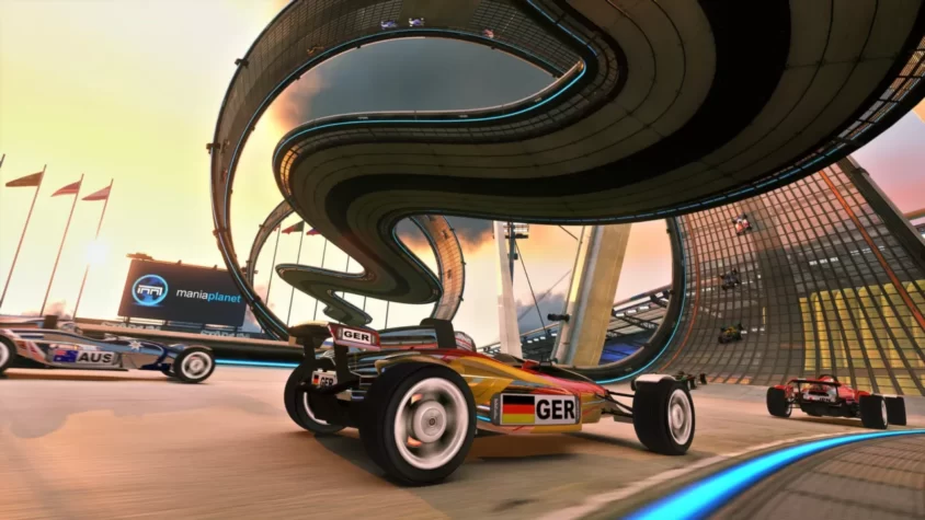 Гонки по закрученному треку с поворотами в TrackMania 2 Stadium