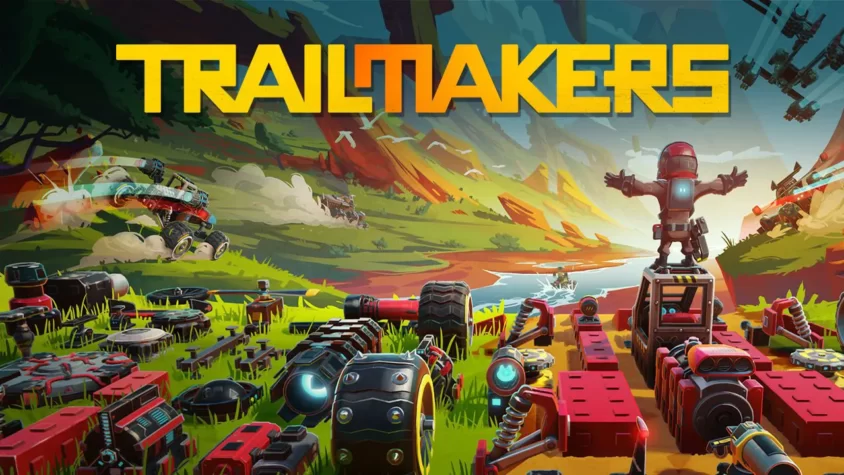 Обложка игры Trailmakers, где робот и построенные транспортные средства доминируют на фоне яркого пейзажа
