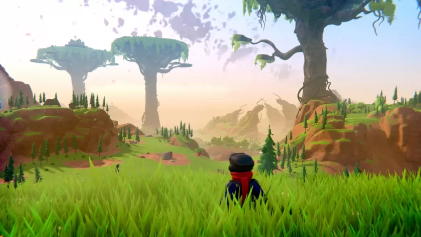 Геймплей Trailmakers с видом на фантастический мир с гигантскими деревьями и красивыми пейзажами