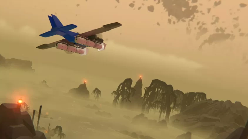 Геймплей Trailmakers с самолетом, пролетающим над мрачным ландшафтом с таинственными деревьями