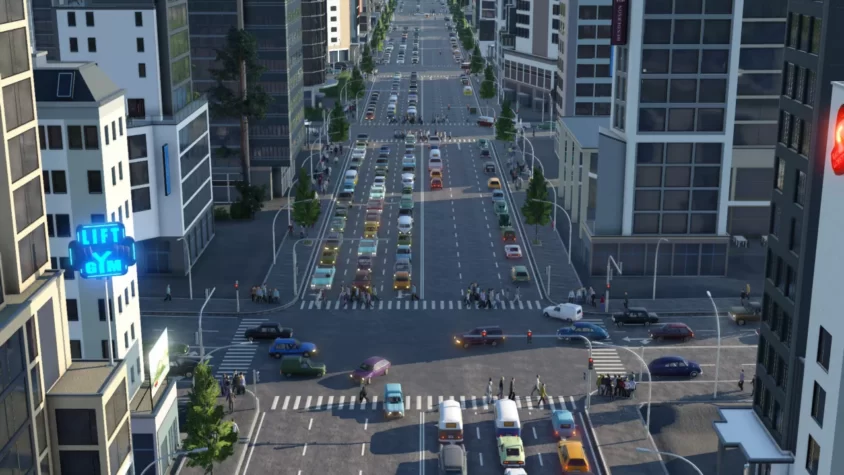 Улица в игре Transport Fever 2, где каждый переживает свою транспортную катастрофу