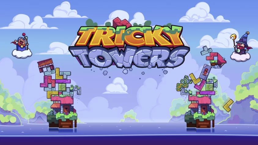 Обложка игры Tricky Towers — забавная и нестабильная конструкция башен, угроза падения и магия на каждом шагу