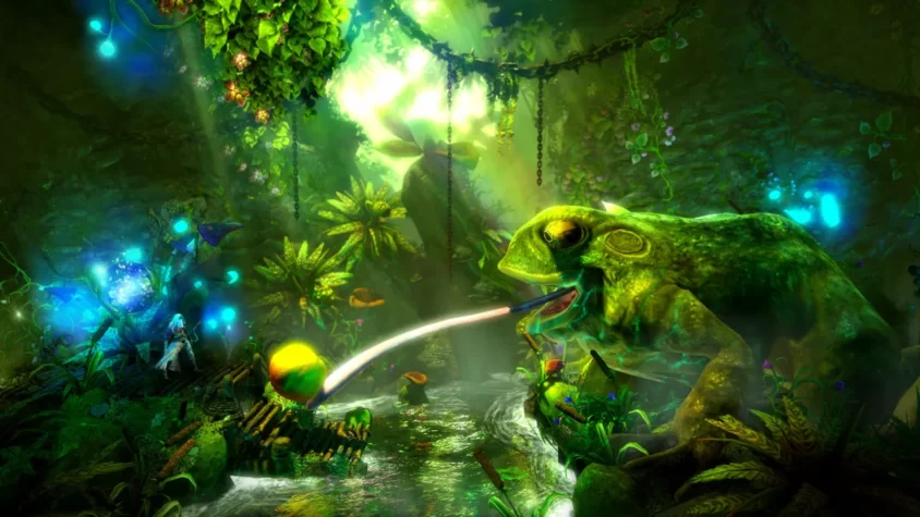 Герой игры Trine 2 стоит перед гигантской лягушкой в волшебном лесу