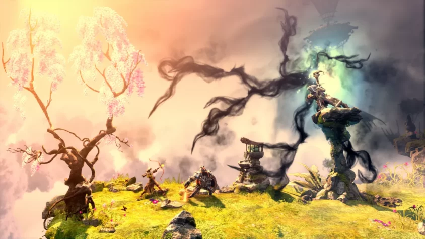 Трое героев игры Trine 2 на фоне магического пейзажа с облаками и деревьями
