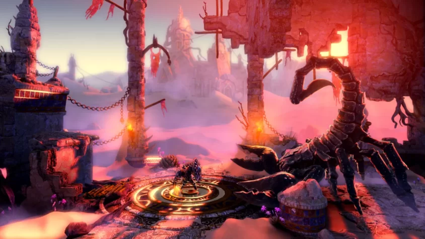 Герой игры Trine 2 сражается на фоне разрушенного мира с огромным скорпионом