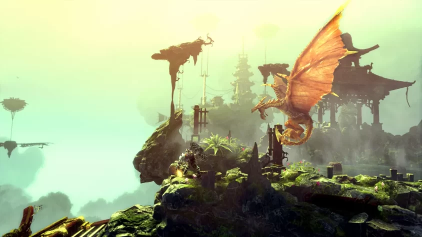Герой игры Trine 2 на фоне парящего дракона и магического пейзажа