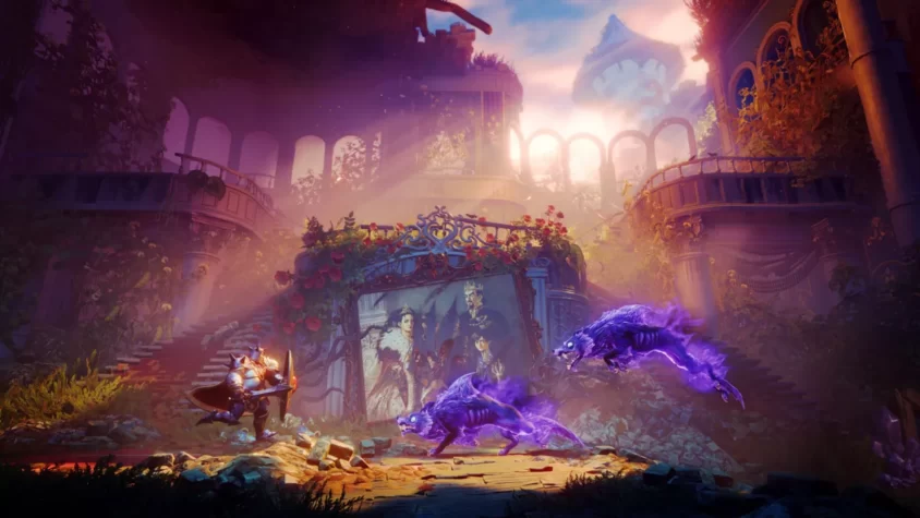 Персонажи сражаются с призрачными волками в заброшенном театре в игре Trine 4: The Nightmare Prince