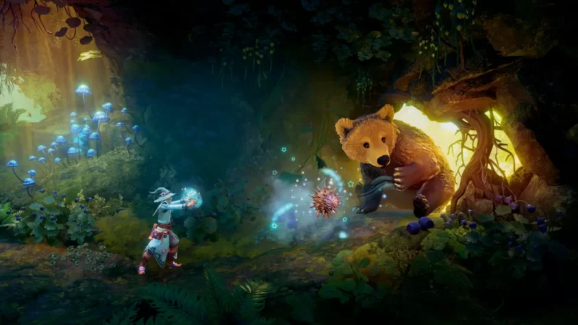 Маг и медведь встречаются в лесу в игре Trine 4: The Nightmare Prince