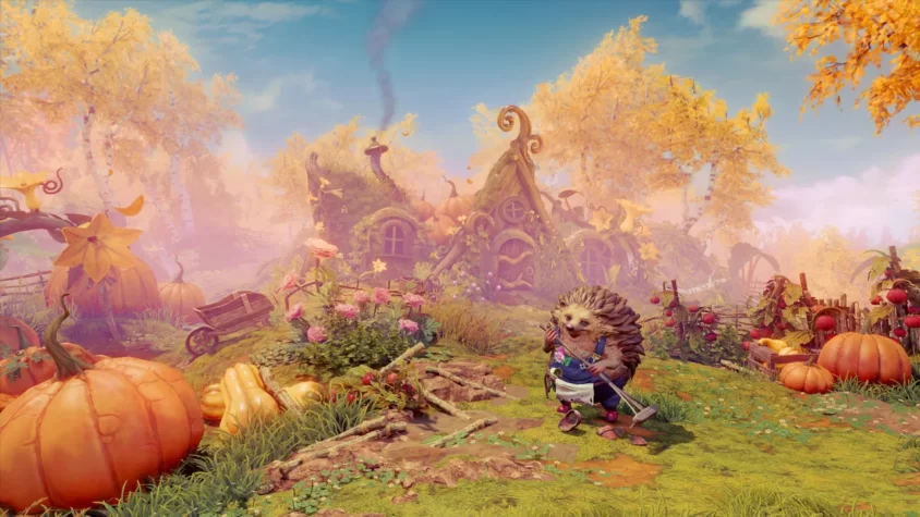 Ёжик в фартучке среди тыкв и цветов в игре Trine 4: The Nightmare Prince