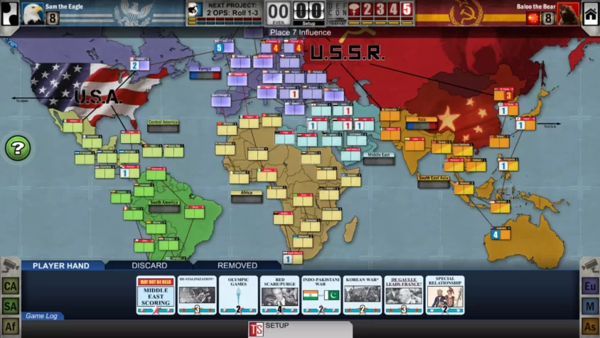 Начальный этап игры Twilight Struggle, карта мира с влиянием США и СССР