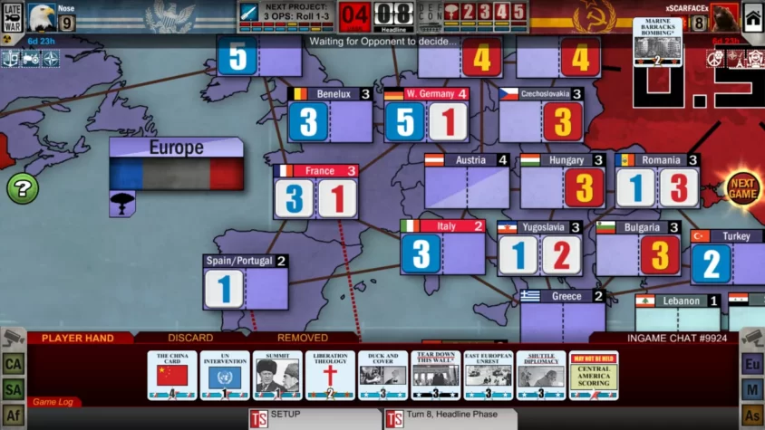 Конец игры Twilight Struggle, с картой Европы и влиянием стран