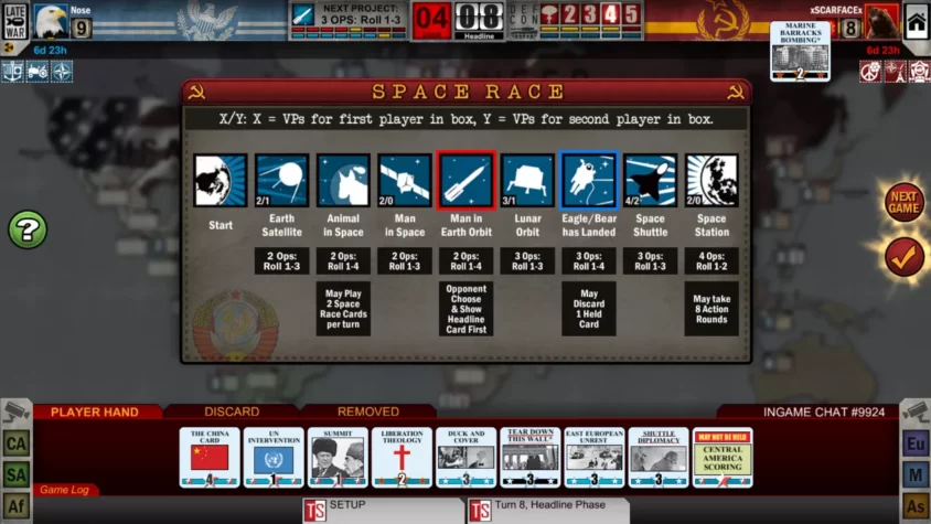 Соревнование в космической гонке в игре Twilight Struggle