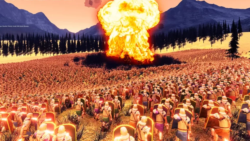 Римские легионеры на поле боя с ядерным взрывом на фоне в Ultimate Epic Battle Simulator