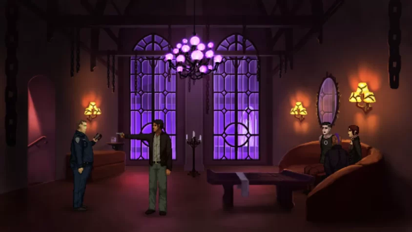 Сцена из игры Unavowed, где персонажи обсуждают что-то важное в мрачной комнате с фиолетовыми окнами