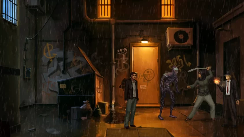 Сцена из игры Unavowed, где персонажи сражаются с монстром в дождливом переулке