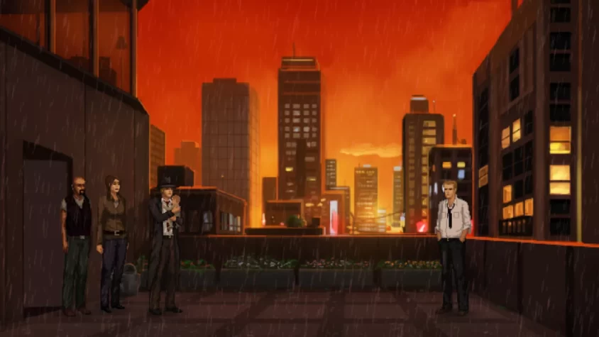 Сцена из игры Unavowed, где персонажи стоят на крыше с видом на дождливый город с ярким закатом