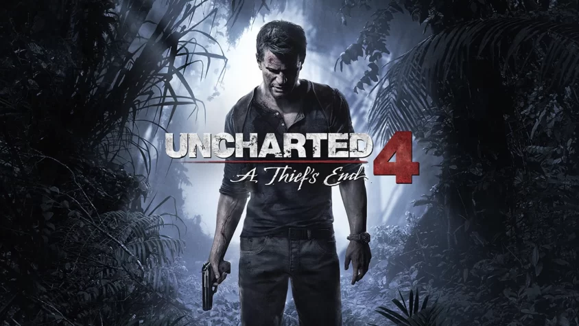Uncharted 4: End of Thieves (Конец Воров) Нэйтан Дрейк, кровь, джунгли и пистолет — типичная обложка для приключенческой игры