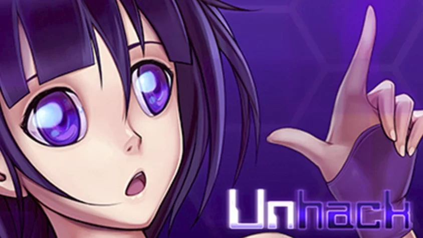 Обложка игры Unhack, девушка с фиолетовыми глазами и загадочным видом