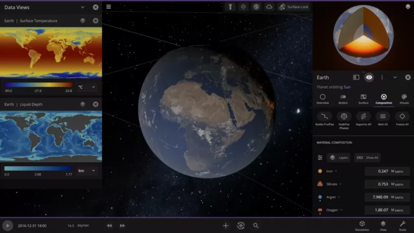 Интерфейс игры Universe Sandbox с планетой Земля
