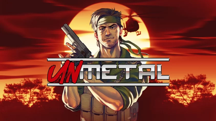 UnMetal — игра с пиксельной графикой и саркастическим подходом к жанру Обложка игры UnMetal с главным героем, который держит пистолет на фоне заката и вертолета