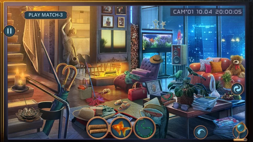Сцена из игры 'Unsolved Case: Murderous Script' с поиском предметов в квартире
