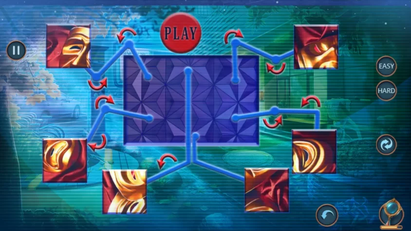 Сцена из игры 'Unsolved Case: Murderous Script' с головоломкой, где нужно соединить изображения