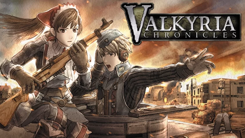Обложка игры Valkyria Chronicles с двумя персонажами в боевой обстановке