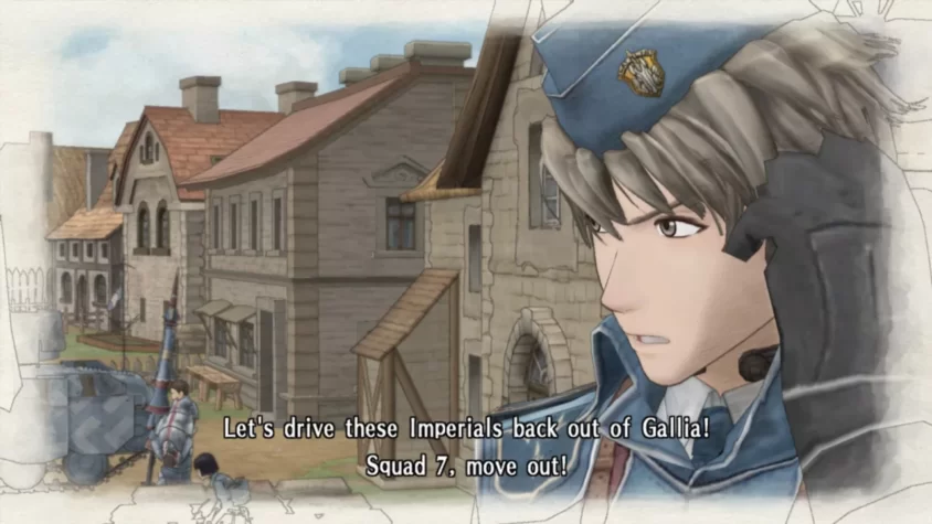 Персонаж в форме отдаёт приказ на поле боя в Valkyria Chronicles