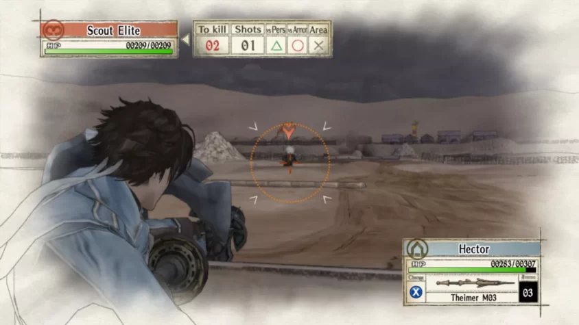 Персонаж прицеливается и готовится выстрелить по цели в Valkyria Chronicles