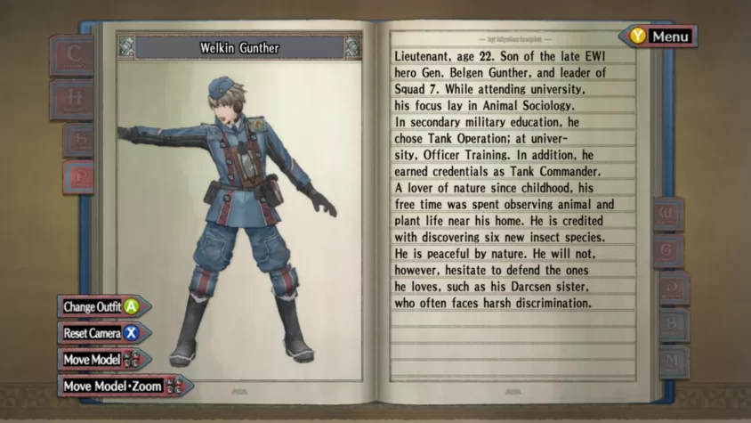 Профиль персонажа Велькина Гюнтера в журнале Valkyria Chronicles