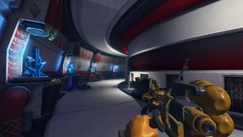 Сцена из игры Viscera Cleanup Detail, уборка с использованием футуристического оружия