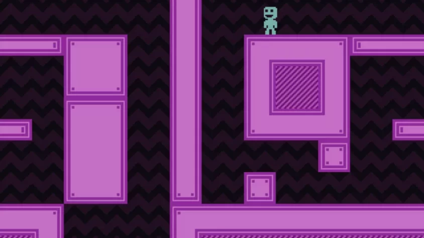 Игровой момент из VVVVVV — персонаж стоит на платформе в виде спирали
