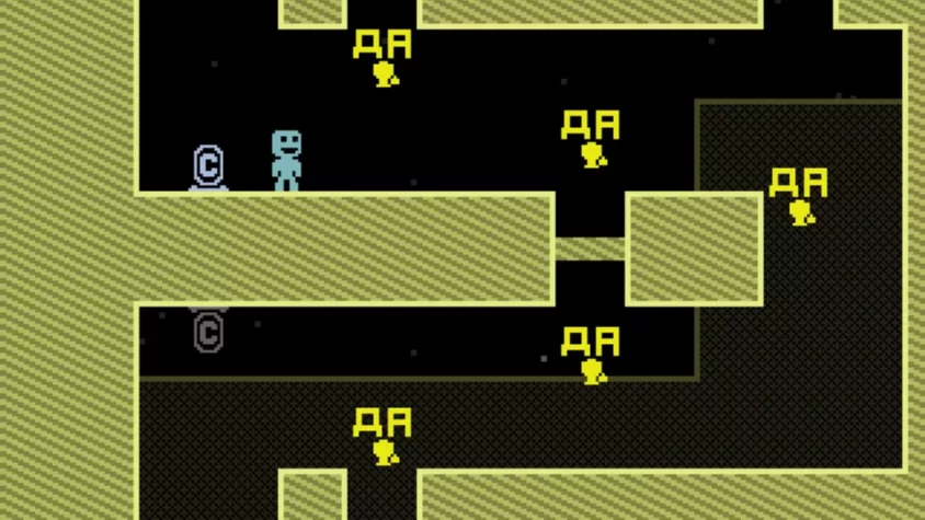 Игровой момент из VVVVVV — персонаж с поддакивателями на пути