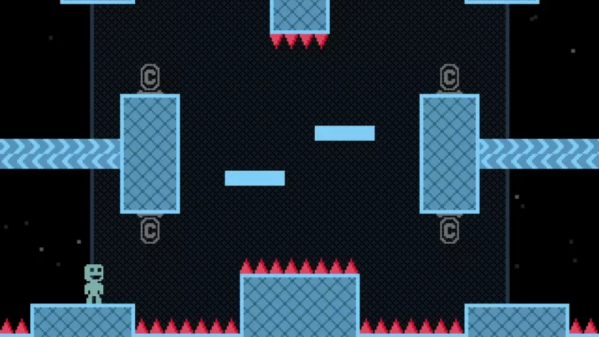 Игровой момент из VVVVVV — Гордием узел и платформы с шипами