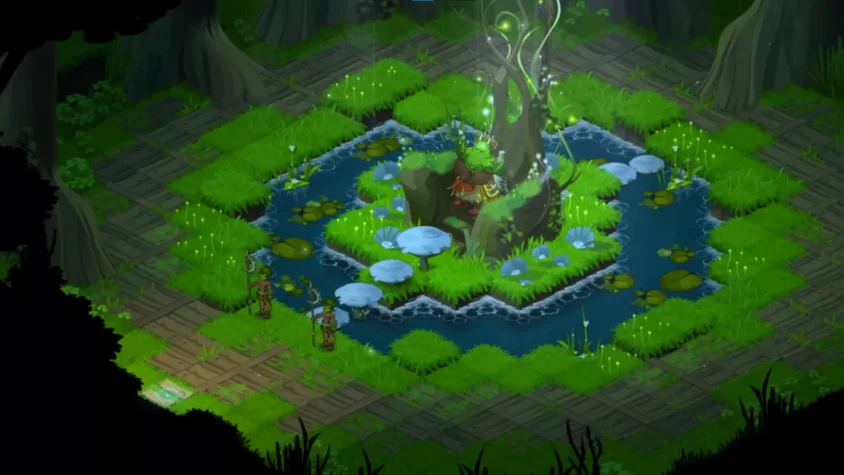 Персонажи игры Wakfu исследуют живописный участок с растениями и водоемом