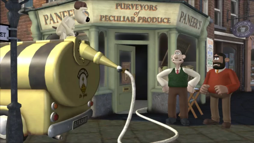 Громит управляет машиной с мёдом в игре 'Wallace & Gromit’s Grand Adventures'