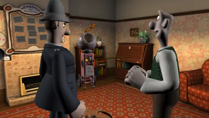 Громит и полицейский в кабинете в игре 'Wallace & Gromit’s Grand Adventures'