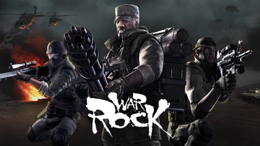 War Rock — Бойцы и оружие на фоне разрушений Обложка игры War Rock, показывающая героев с оружием на фоне разрушенного города