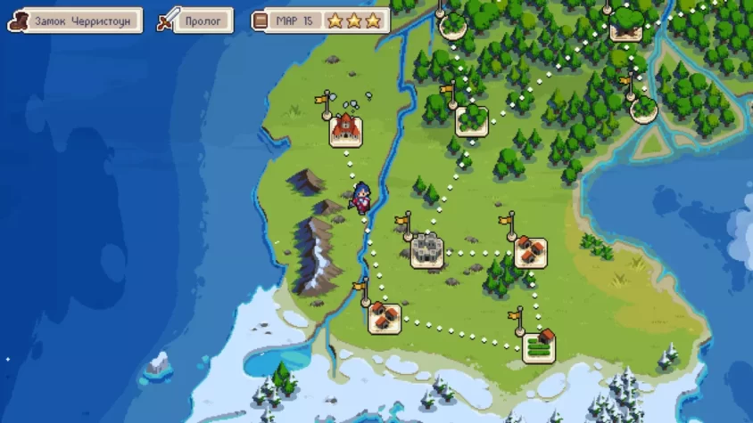 Карта в игре Wargroove с прокладыванием маршрута и различными флагами