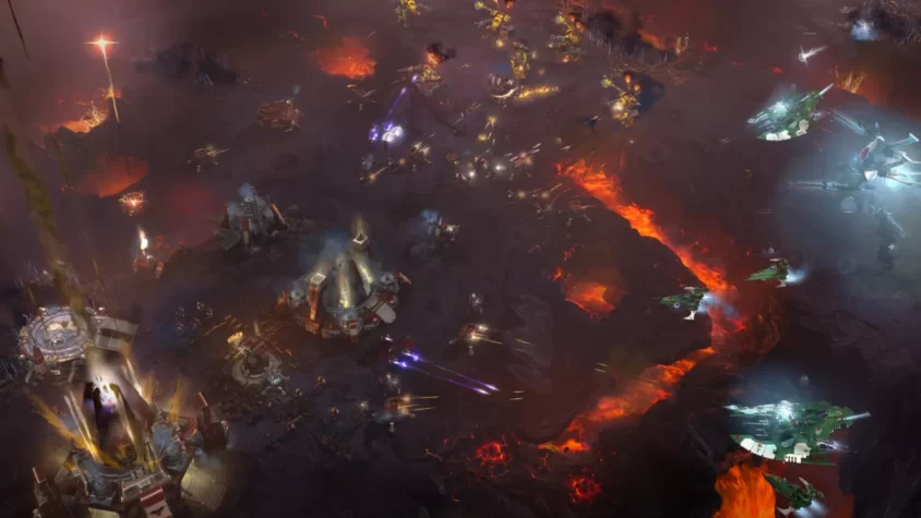 Битва на планете с лавой, сражающиеся войска и машины в Warhammer 40,000: Dawn of War III