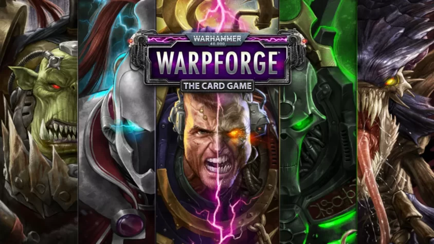 Обложка игры Warhammer 40,000: Warpforge с изображениями различных фракций