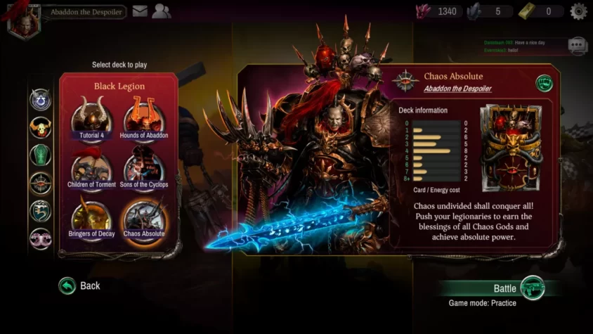 Меню выбора колоды в игре Warhammer 40,000: Warpforge с персонажем Abaddon the Despoiler