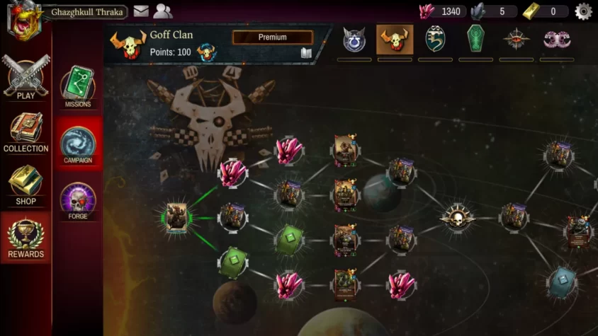 Дерево развития для клана Goff в игре Warhammer 40,000: Warpforge