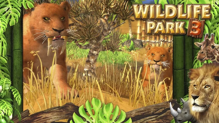 Обложка игры Wildlife Park 3, на которой изображены львы, жирафы и другие экзотические животные