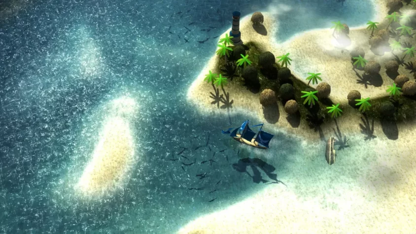 Корабль плывёт по воде рядом с островом в игре Windward