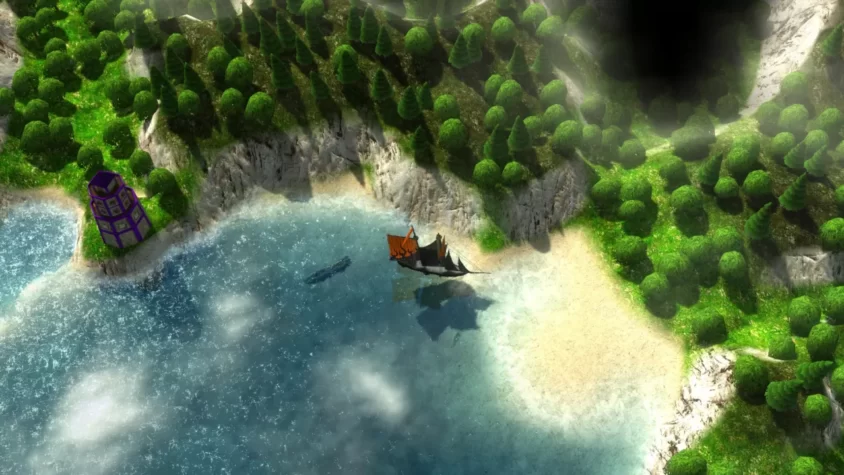 Корабль плывёт вдоль побережья в игре Windward, окружающий пейзаж с зелеными лесами