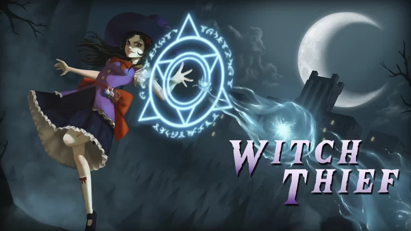 Обложка игры 'Witch Thief' Главный персонаж игры 'Witch Thief' использует магию на фоне темного замка под лунным светом