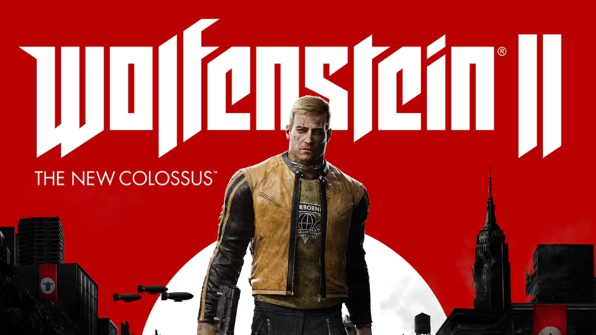 Wolfenstein II: The New Colossus — героический момент на фоне разрушений Обложка игры Wolfenstein II: The New Colossus, главный герой в кожанке и с оружием, стоящий на фоне разрушенного города