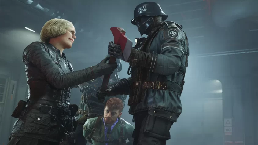 Персонажи в игре Wolfenstein II: The New Colossus, женщина передает топор солдату в нацистской форме, с наблюдателем на заднем плане